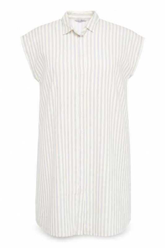 Front view of H&M women’s beige striped polyester shirt dress, size L, collared button