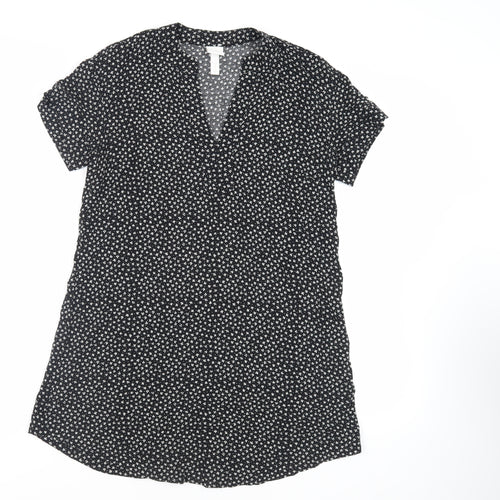 H&M Womens Black Floral Viscose A-Line Size 4 V-Neck Button