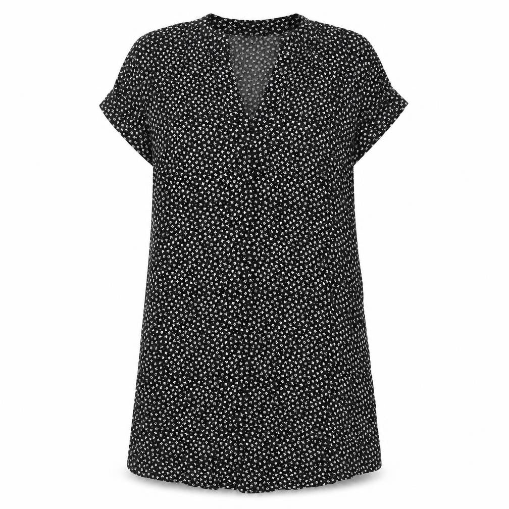 Front view of H&M women’s black floral viscose a-line, size UK 4, v-neck button