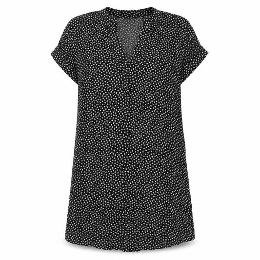 Front view of H&M women’s black floral viscose a-line, size UK 4, v-neck button