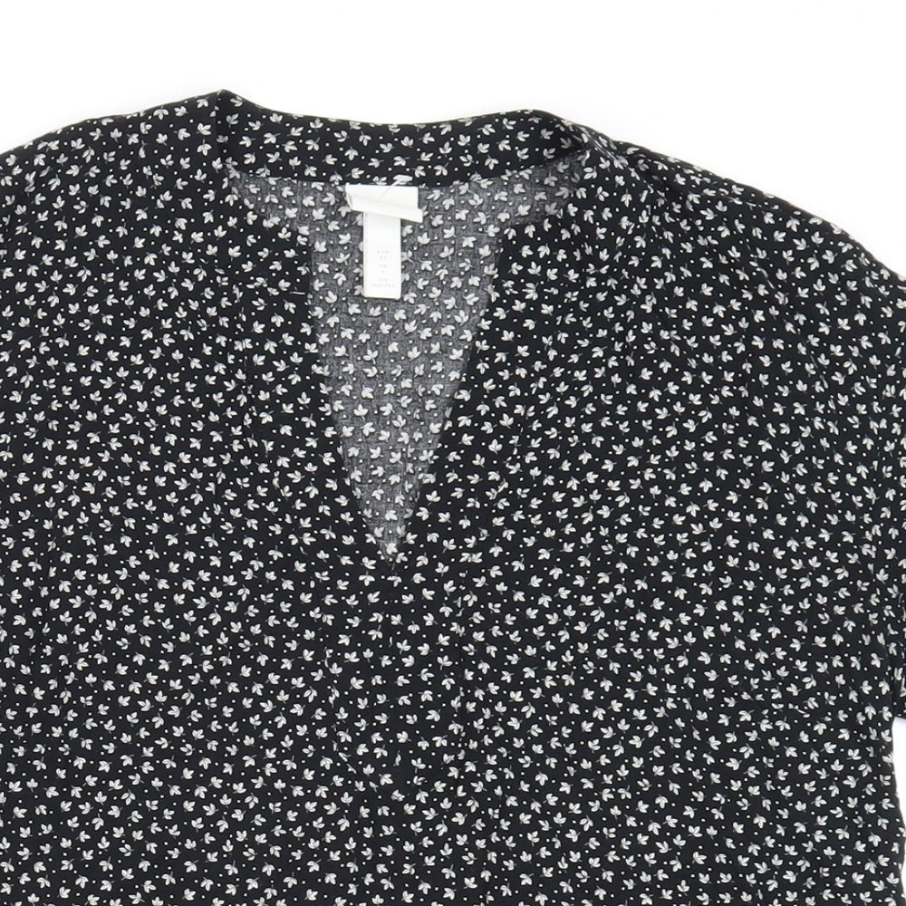 H&M Womens Black Floral Viscose A-Line Size 4 V-Neck Button