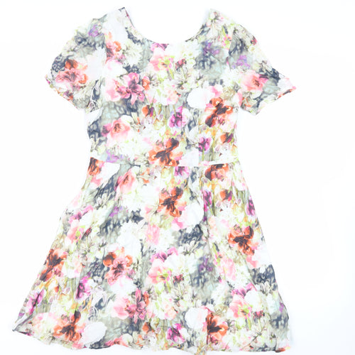Oasis Womens Multicoloured Floral Cotton Fit & Flare Size 10 Boat Neck Zip - Cut Out Detail