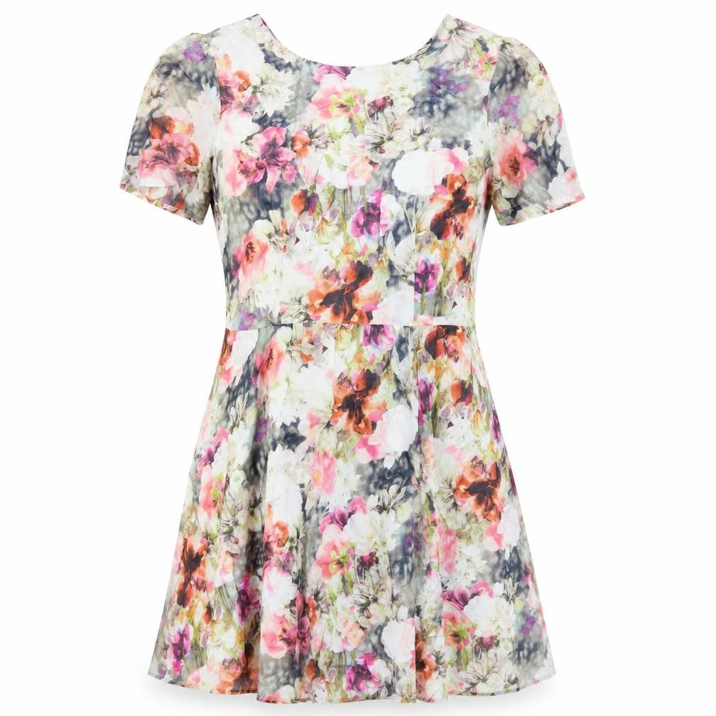 Oasis Womens Multicoloured Floral Cotton Fit & Flare Size 10 Boat Neck Zip - Cut Out Detail