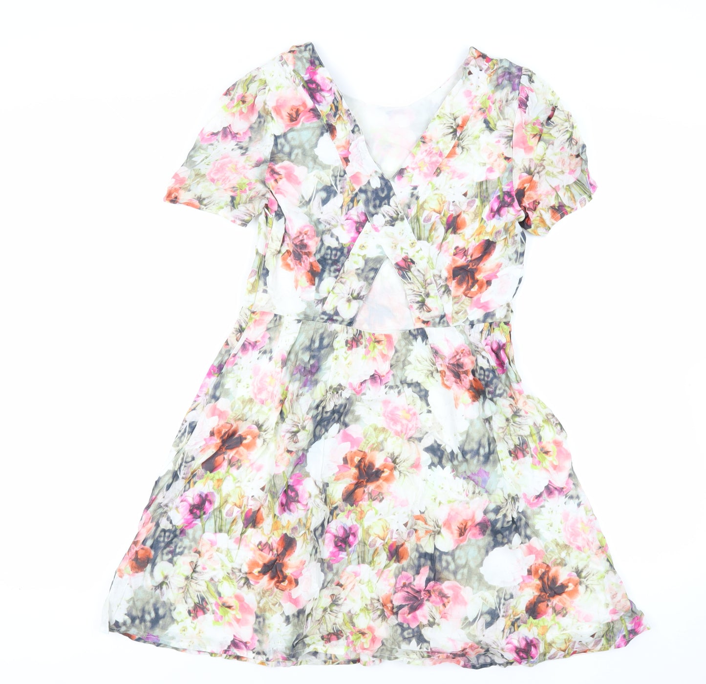 Oasis Womens Multicoloured Floral Cotton Fit & Flare Size 10 Boat Neck Zip - Cut Out Detail