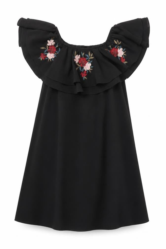 Front view of Nrew Look women’s black polyester trapeze & swing, size UK 10, off the shoulder pullover - embroidered