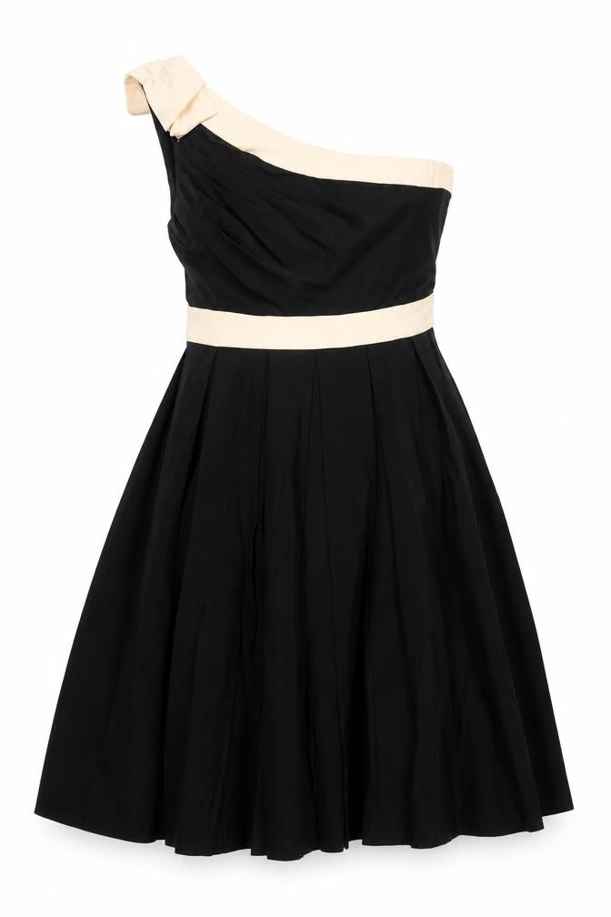 Front view of Fever London women’s black polyester fit & flare, size UK 8, one shoulder zip