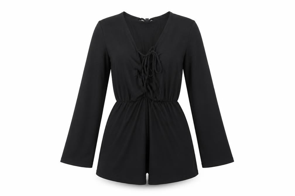 Front view of Topshop women’s black polyester playsuit one-piece, size UK 8, tie