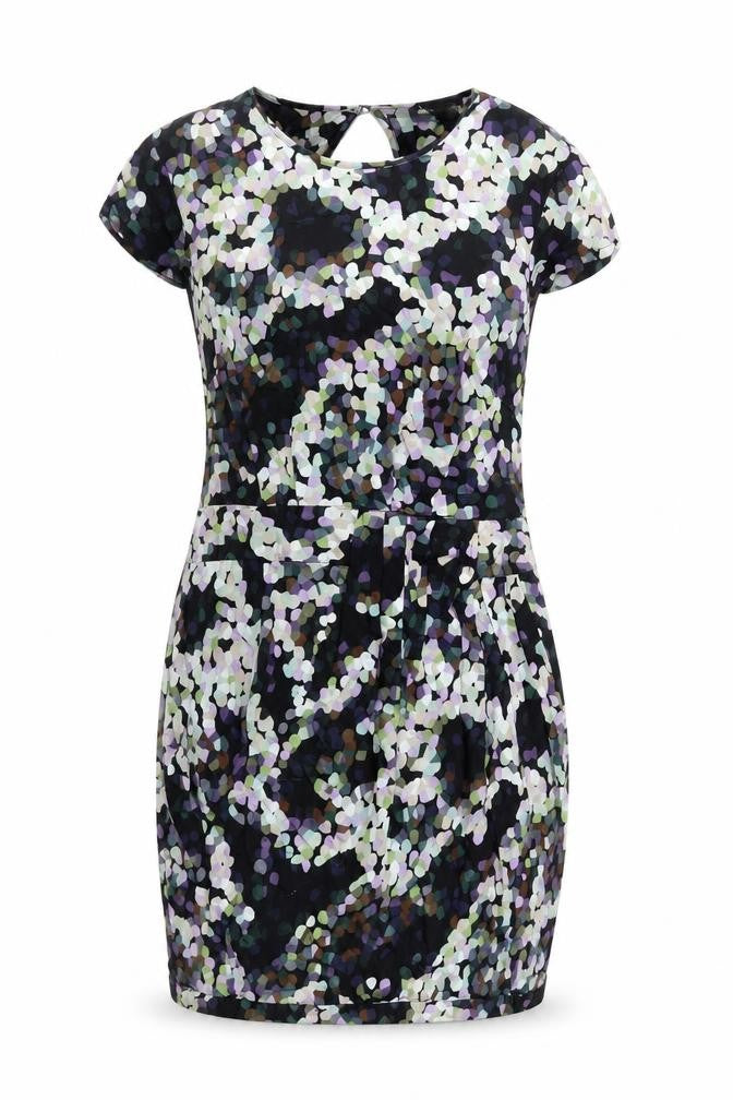 Front view of Warehouse women’s black geometric viscose mini, size UK 8, round neck button