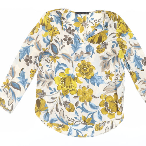 Zara Womens Ivory Floral Polyester Basic Blouse Size XS V-Neck