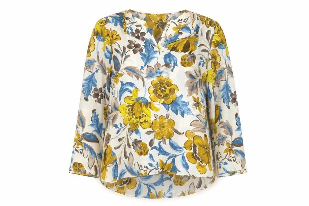 Front view of Zara women’s ivory floral polyester basic blouse, size XS, v-neck