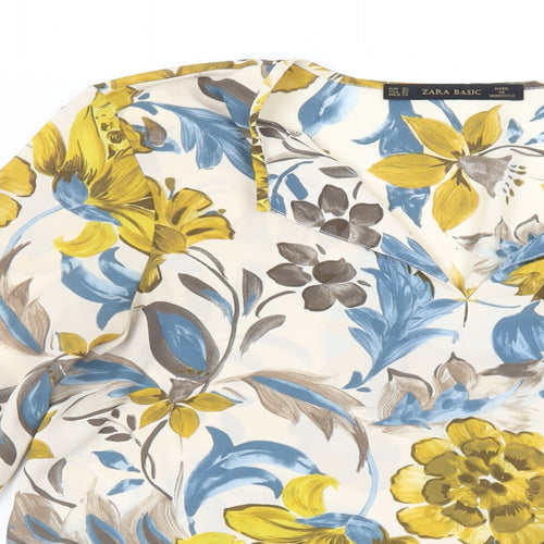 Zara Womens Ivory Floral Polyester Basic Blouse Size XS V-Neck