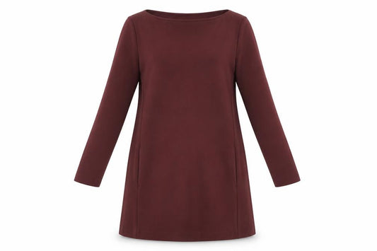 Front view of H&M women’s red viscose a-line, size M, boat neck pullover - pockets