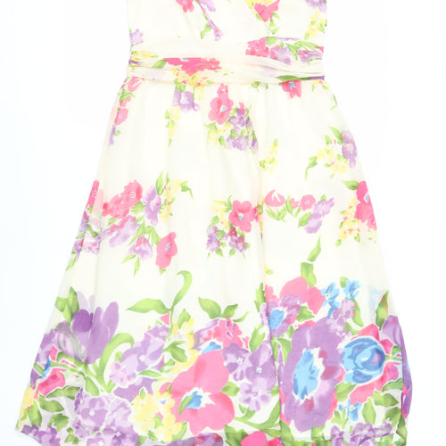 Pomodoro Womens Ivory Floral Polyester Fit & Flare Size 12 V-Neck Zip - Lined
