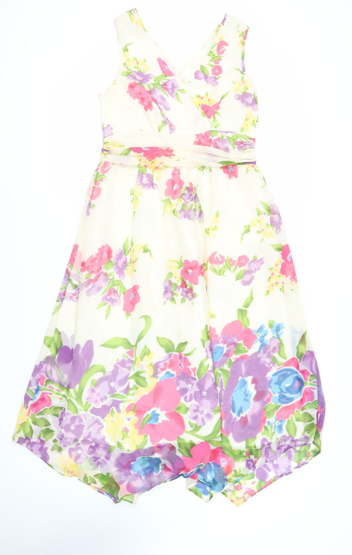 Pomodoro Womens Ivory Floral Polyester Fit & Flare Size 12 V-Neck Zip - Lined