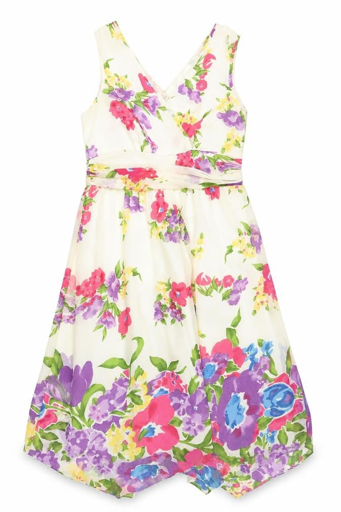 Front view of Pomodoro women’s ivory floral polyester fit & flare, size UK 12, v-neck zip - lined