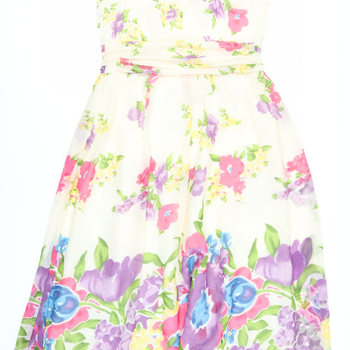 Pomodoro Womens Ivory Floral Polyester Fit & Flare Size 12 V-Neck Zip - Lined