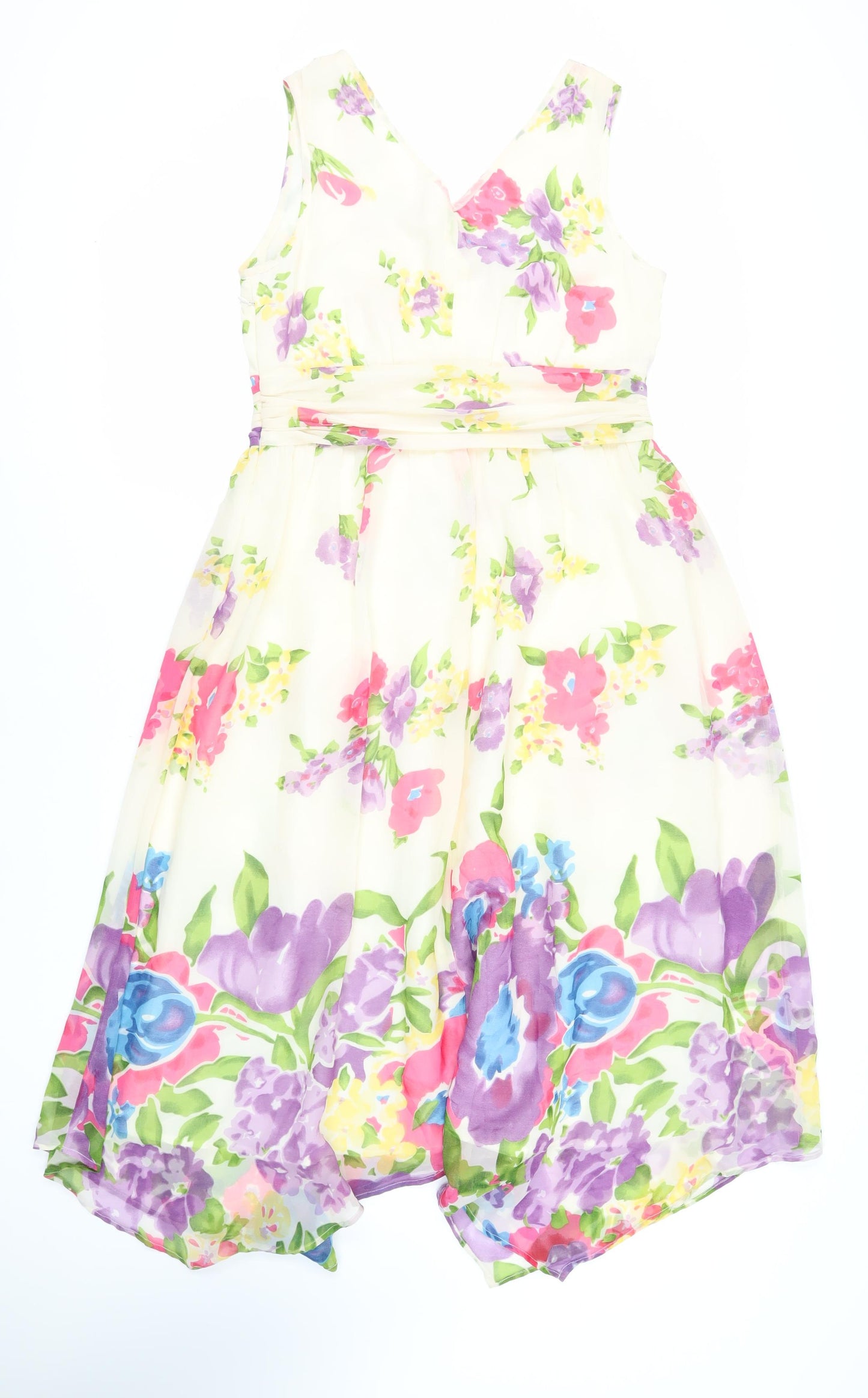 Pomodoro Womens Ivory Floral Polyester Fit & Flare Size 12 V-Neck Zip - Lined
