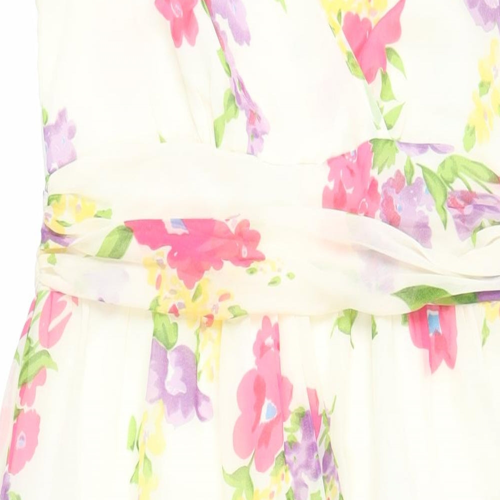 Pomodoro Womens Ivory Floral Polyester Fit & Flare Size 12 V-Neck Zip - Lined