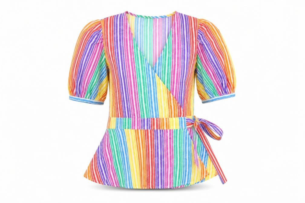Front view of Find women’s multicoloured striped polyester wrap blouse, size UK 10, v-neck