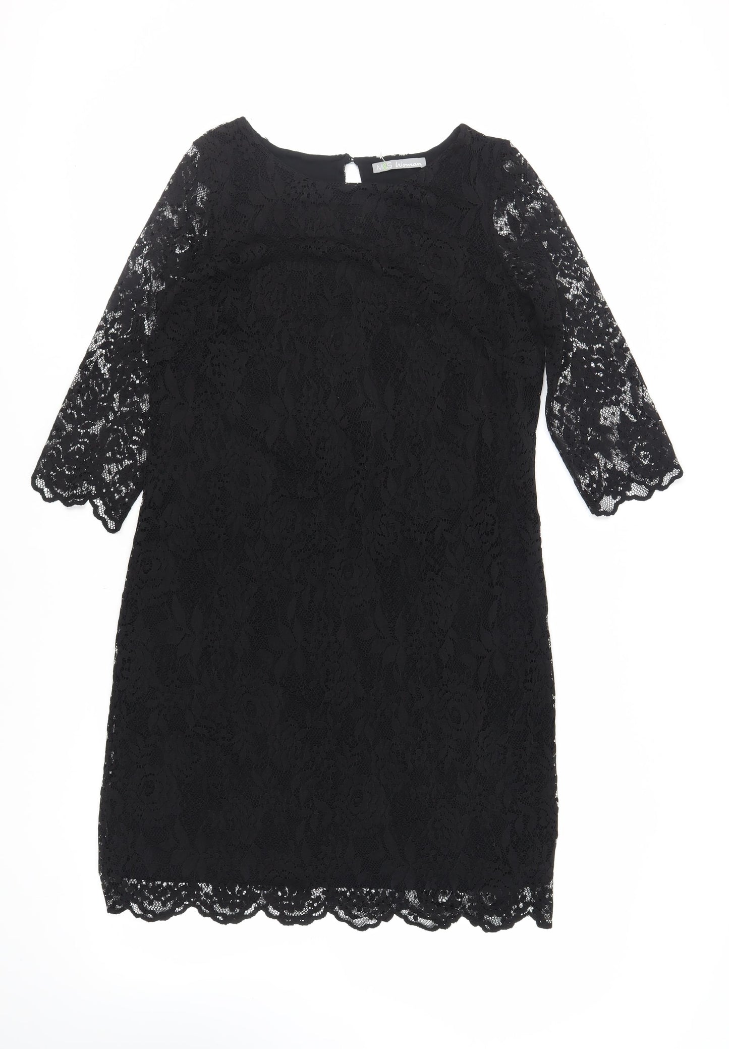 Marks and Spencer Womens Black Viscose Sheath Size 14 Boat Neck Button