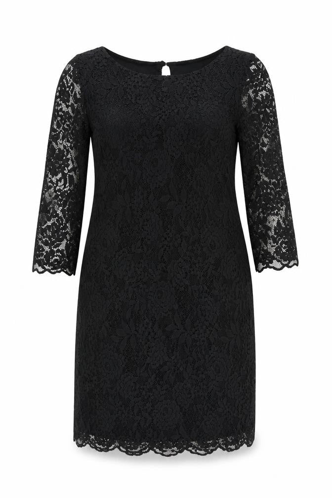 Front view of Marks & Spencer women’s black viscose sheath, size UK 14, boat neck button