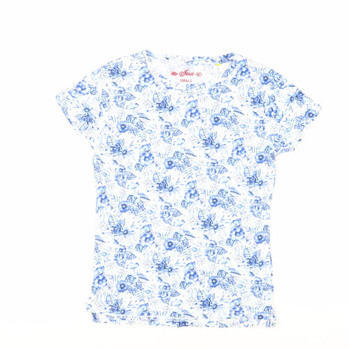 Jessi Womens Blue Floral Cotton Basic T-Shirt Size S Crew Neck