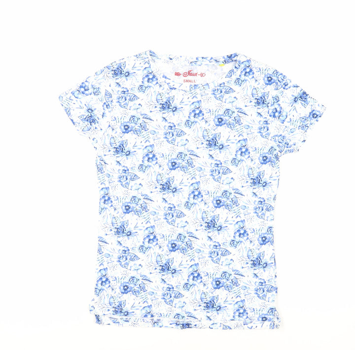 Jessi Womens Blue Floral Cotton Basic T-Shirt Size S Crew Neck