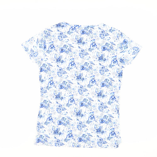 Jessi Womens Blue Floral Cotton Basic T-Shirt Size S Crew Neck