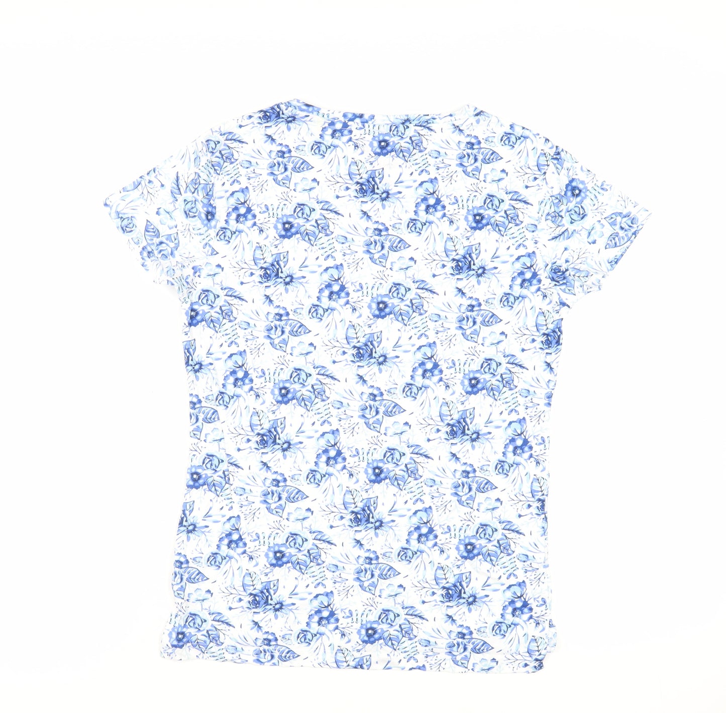Jessi Womens Blue Floral Cotton Basic T-Shirt Size S Crew Neck