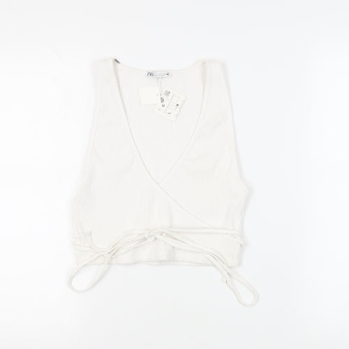 Zara Womens White Cotton Cropped Tank Size L V-Neck - Ribbed