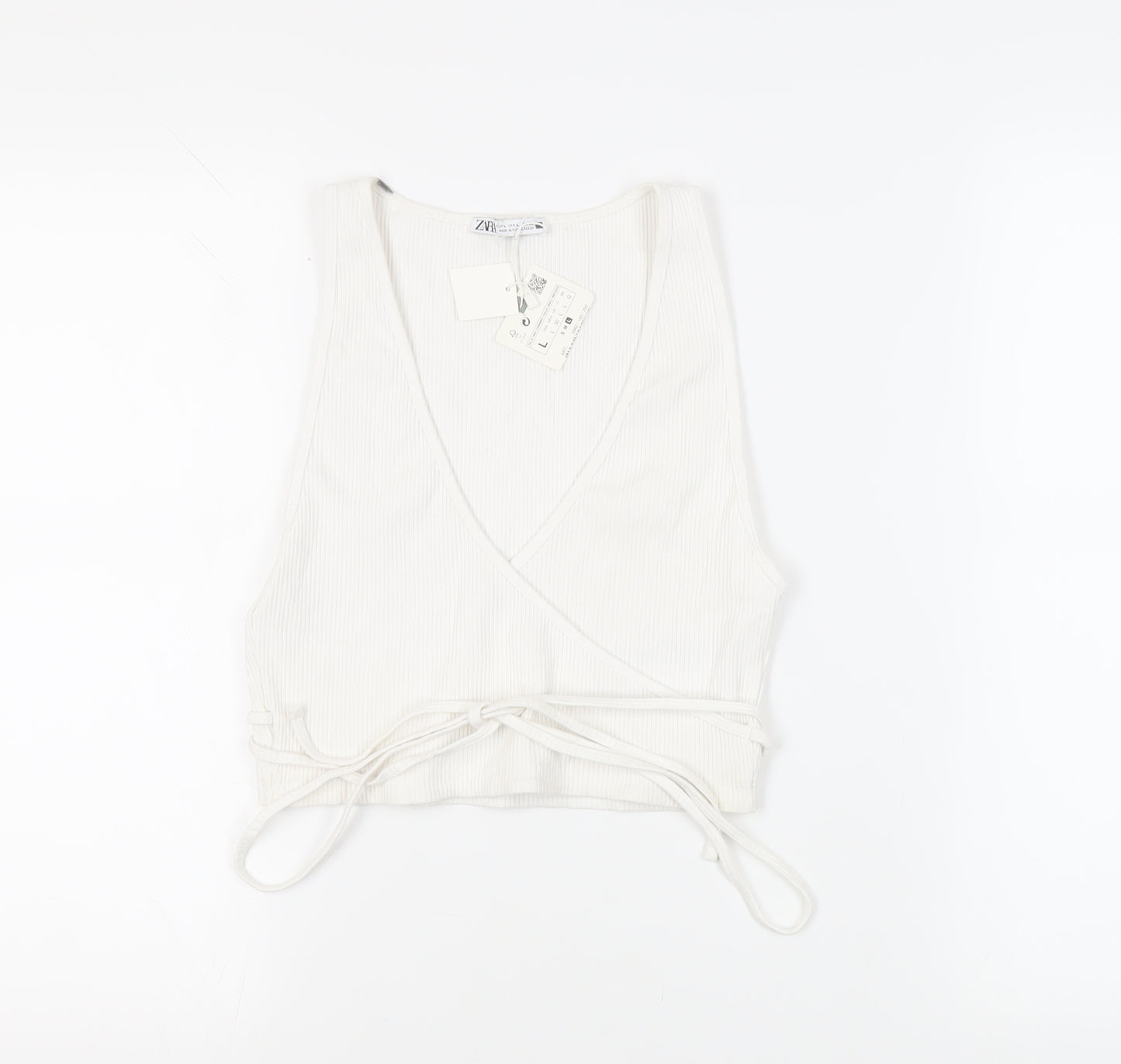 Zara Womens White Cotton Cropped Tank Size L V-Neck - Ribbed