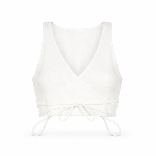 Zara Womens White Cotton Cropped Tank Size L V-Neck - Ribbed