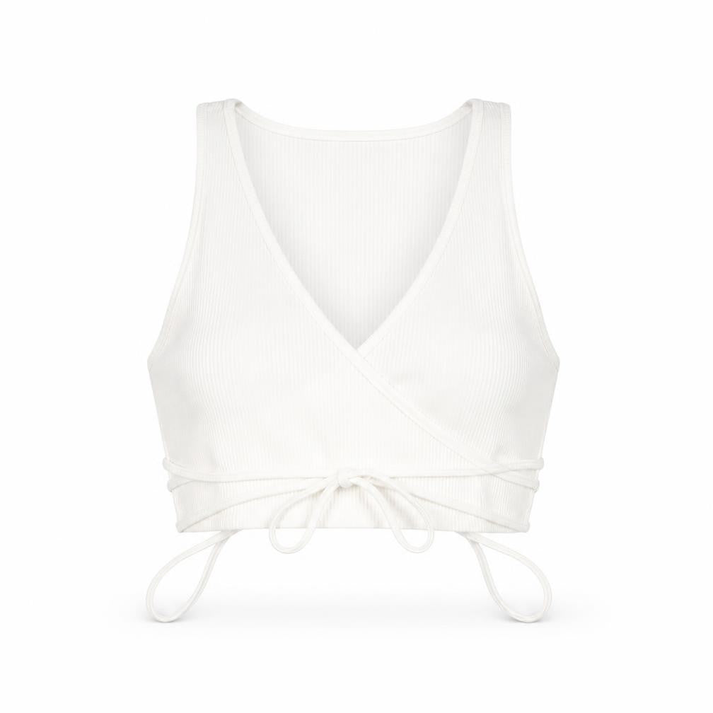 Zara Womens White Cotton Cropped Tank Size L V-Neck - Ribbed