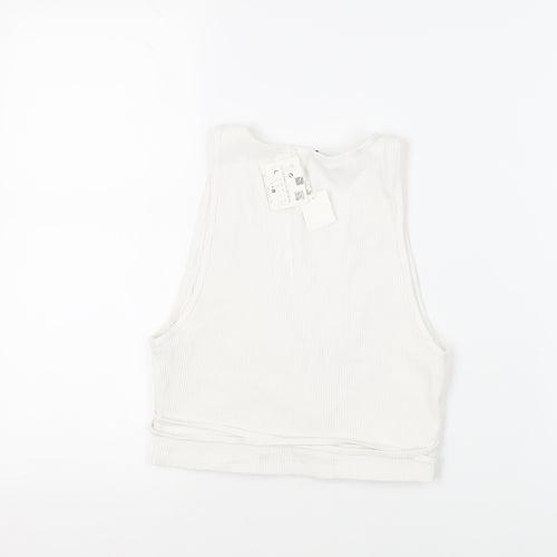 Zara Womens White Cotton Cropped Tank Size L V-Neck - Ribbed