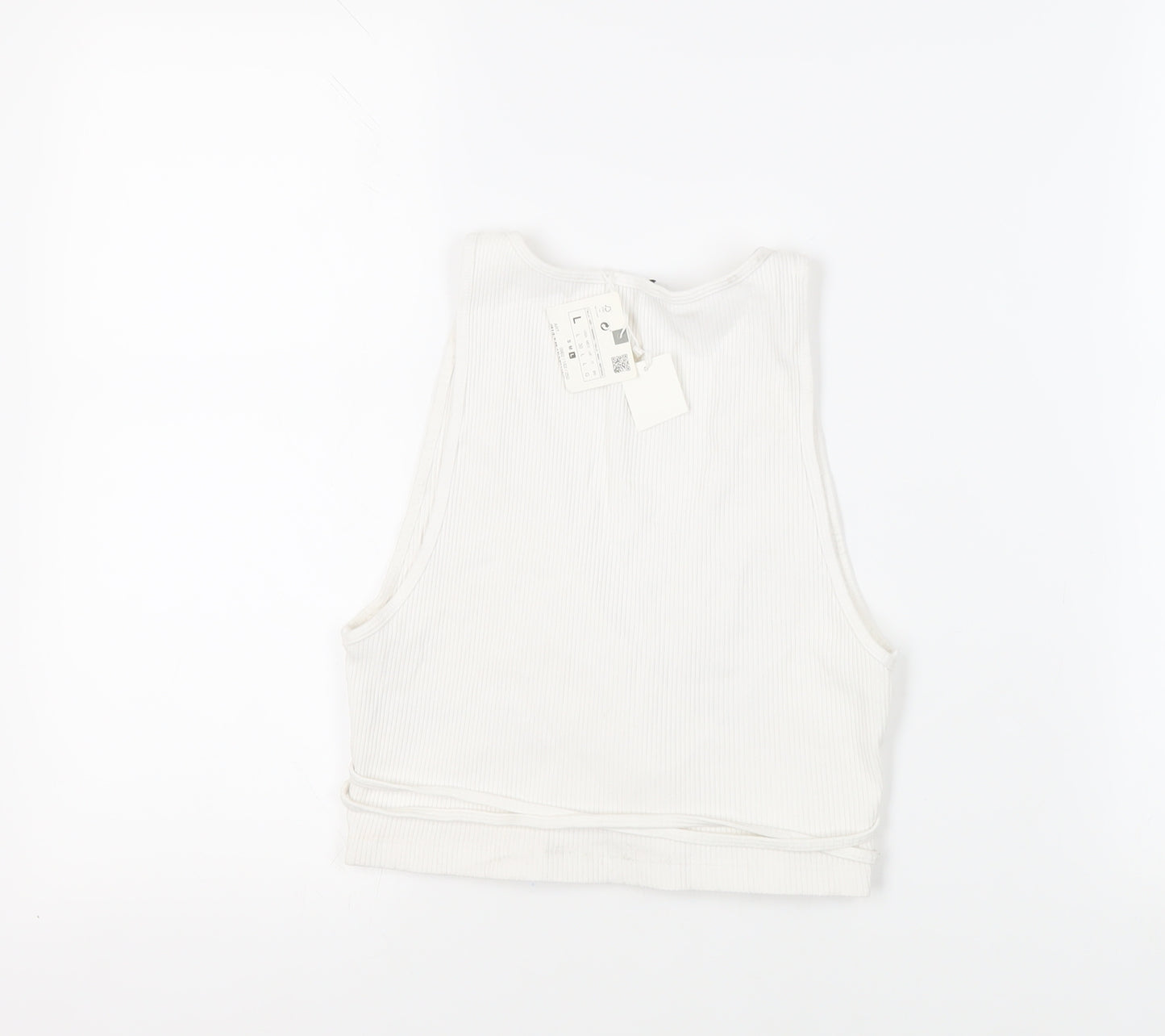 Zara Womens White Cotton Cropped Tank Size L V-Neck - Ribbed