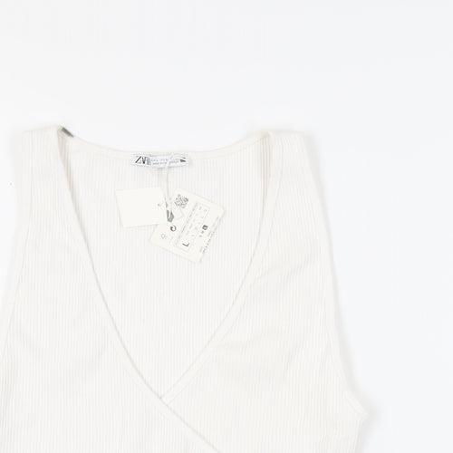 Zara Womens White Cotton Cropped Tank Size L V-Neck - Ribbed