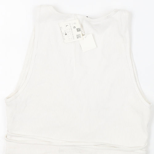 Zara Womens White Cotton Cropped Tank Size L V-Neck - Ribbed