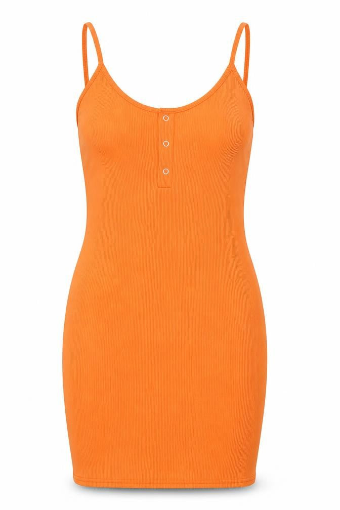 Front view of PRETTYLITTLETHING women’s orange polyester bodycon, size UK 10, scoop neck pullover - ribbed