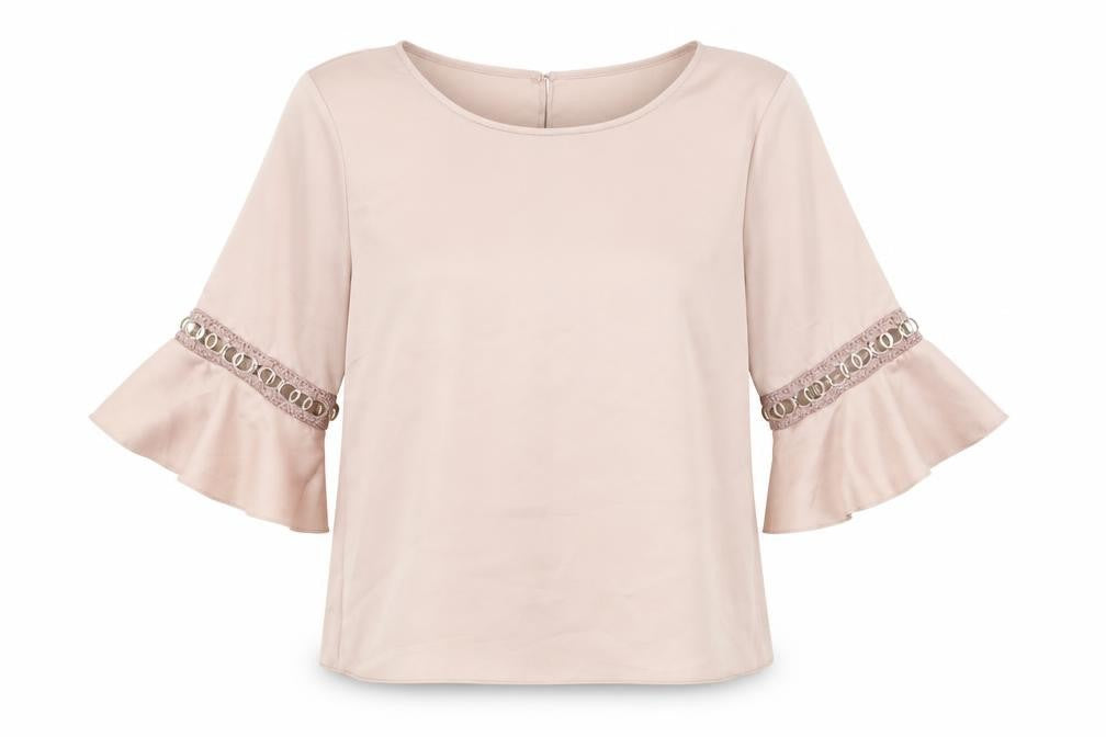 Front view of River Island women’s pink polyester basic blouse, size UK 10, boat neck - sleeve detail