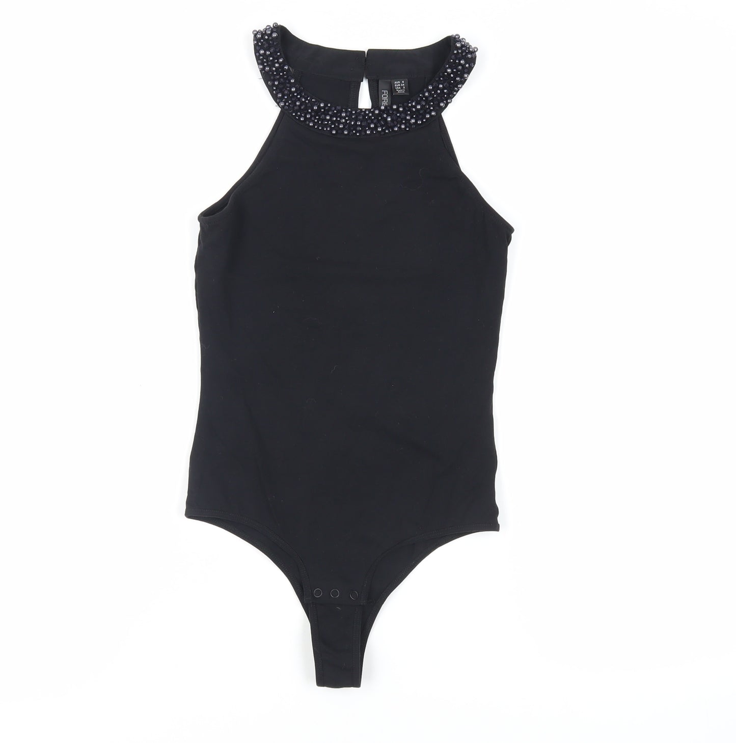 Forever New Womens Black Cotton Bodysuit One-Piece Size 6 Snap - Beaded Neckline