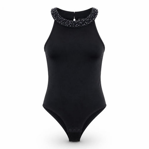 Forever New Womens Black Cotton Bodysuit One-Piece Size 6 Snap - Beaded Neckline
