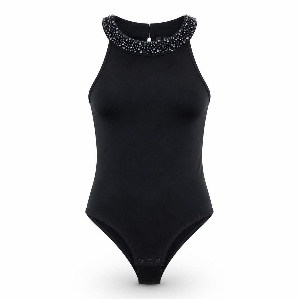 Forever New Womens Black Cotton Bodysuit One-Piece Size 6 Snap - Beaded Neckline