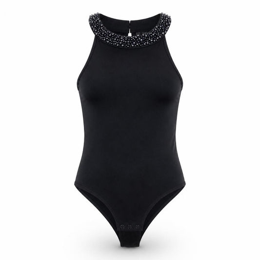 Front view of Forever New women’s black cotton bodysuit one-piece, size UK 6, snap - beaded neckline
