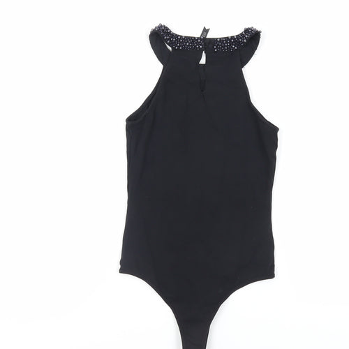 Forever New Womens Black Cotton Bodysuit One-Piece Size 6 Snap - Beaded Neckline