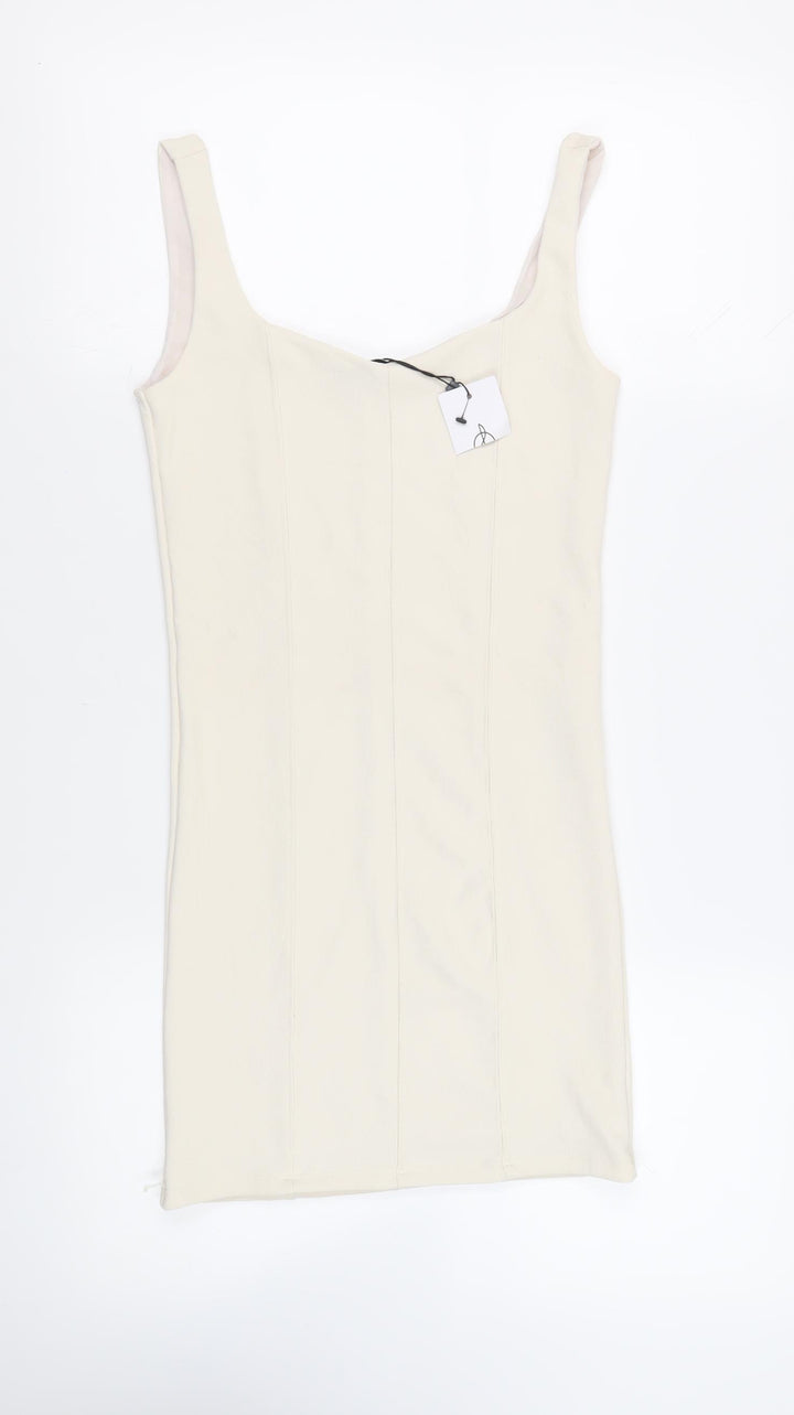 Stradivarius Womens Ivory Polyester Tank Dress Size S Scoop Neck Pullover - Ribbed