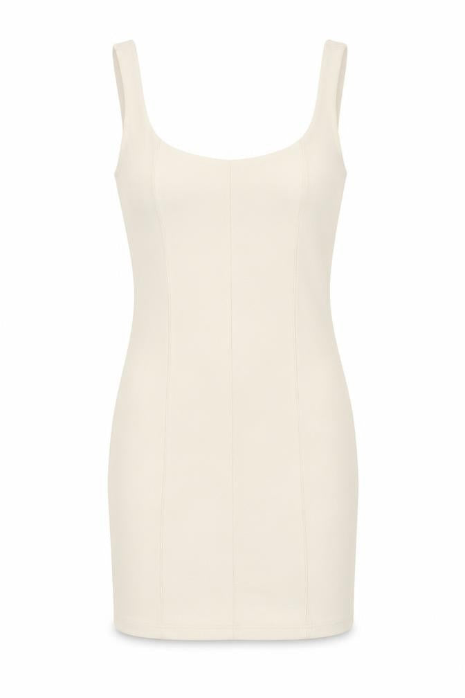 Front view of Stradivarius women’s ivory polyester tank dress, size S, scoop neck pullover - ribbed