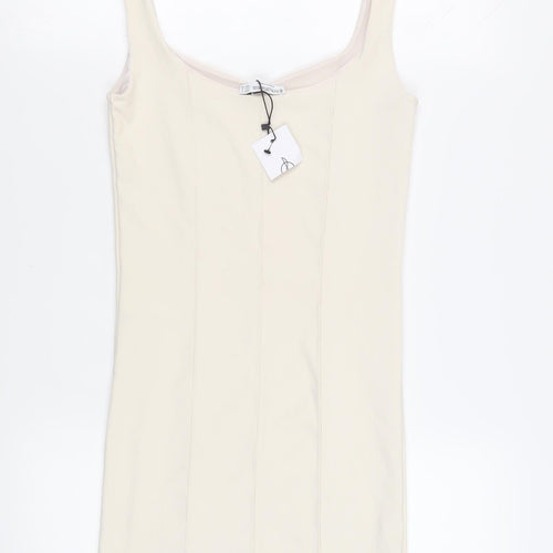 Stradivarius Womens Ivory Polyester Tank Dress Size S Scoop Neck Pullover - Ribbed