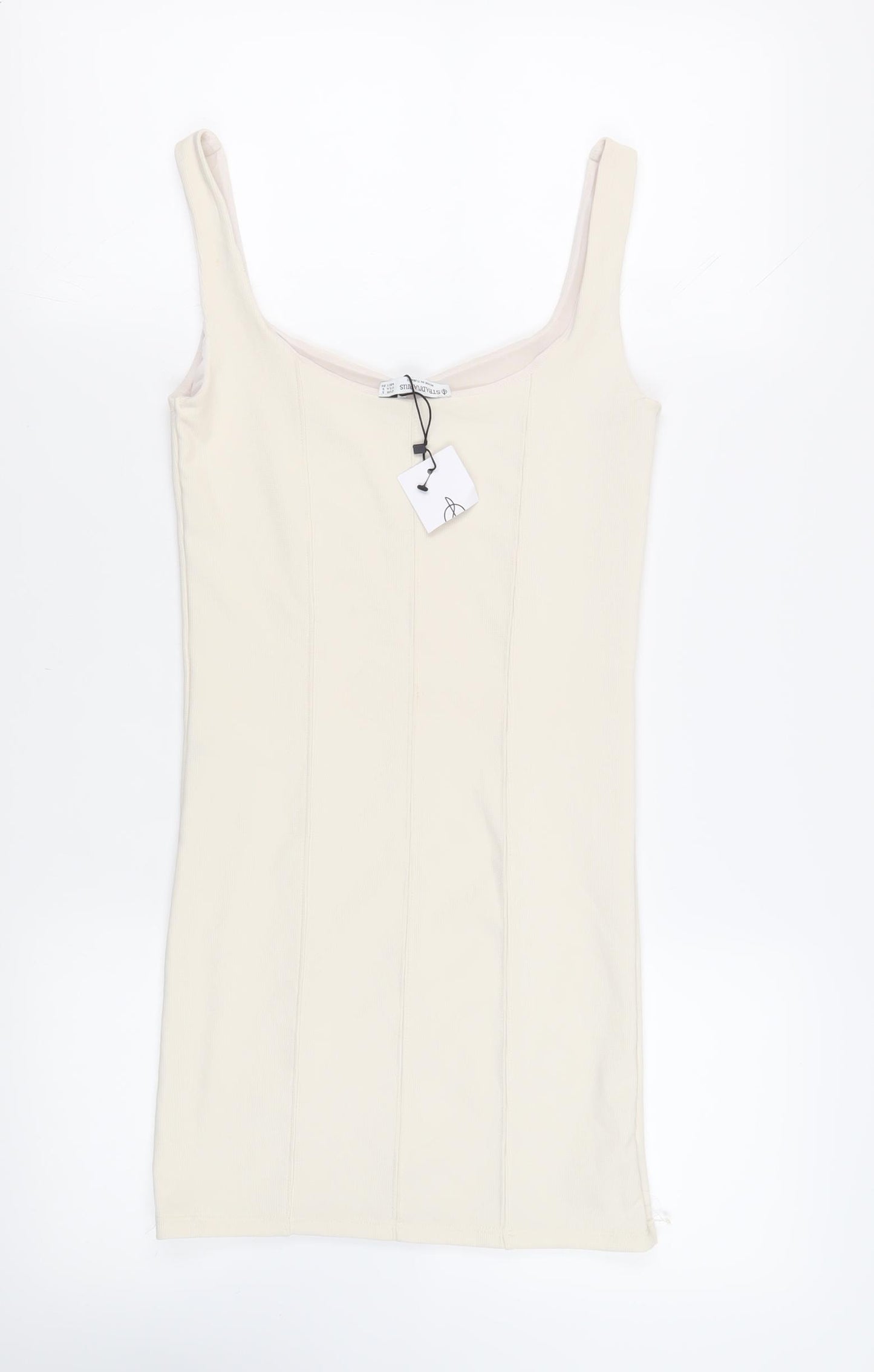 Stradivarius Womens Ivory Polyester Tank Dress Size S Scoop Neck Pullover - Ribbed