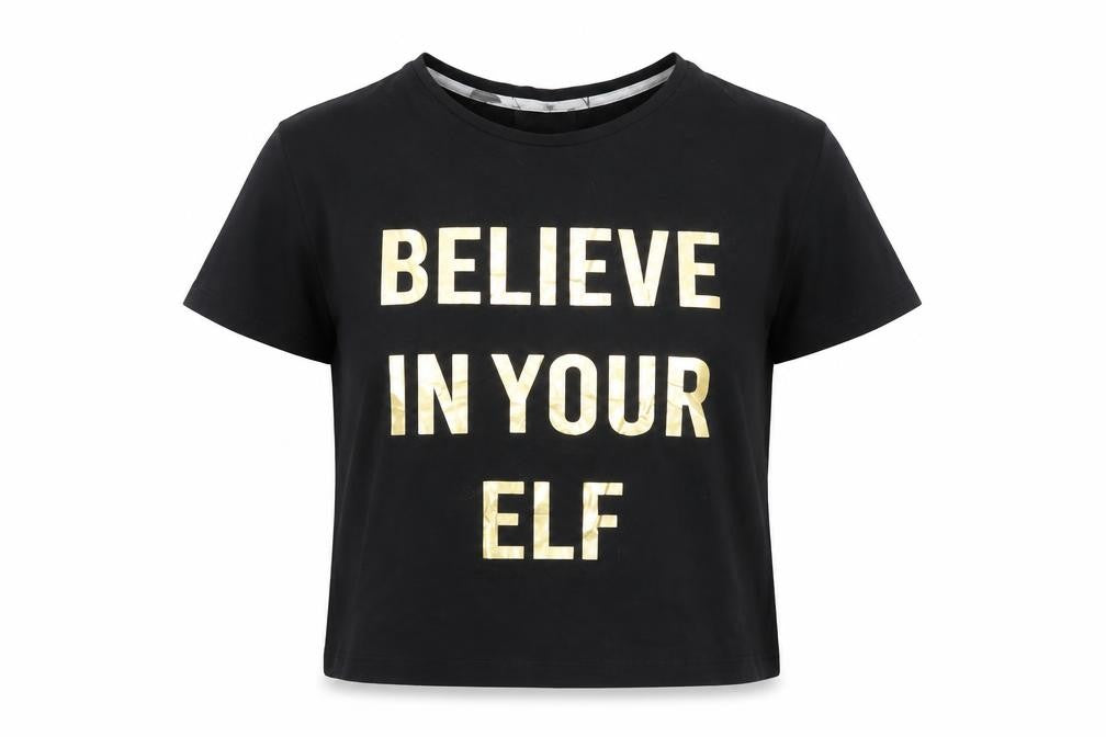 Front view of New Look women’s black cotton basic t-shirt, size S, crew neck - elf