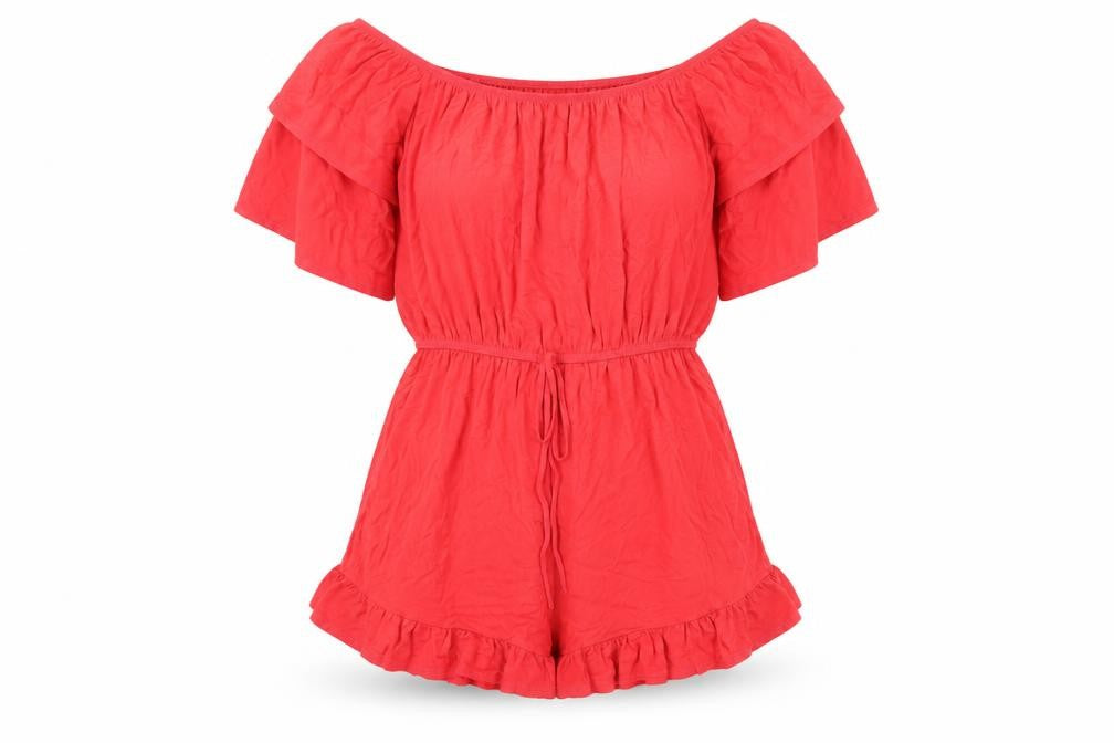 Front view of ASOS women’s red viscose playsuit one-piece, size UK 10, pullover - elasticated waist